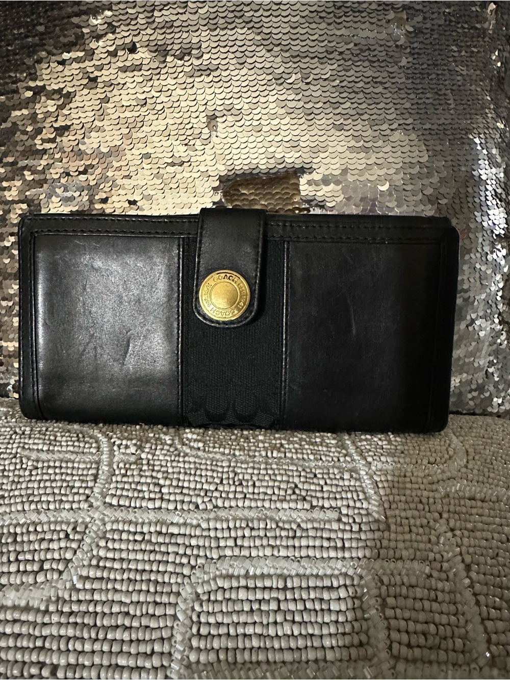 Coach Black Leather Continental Wallet with Gold-Tone Snap